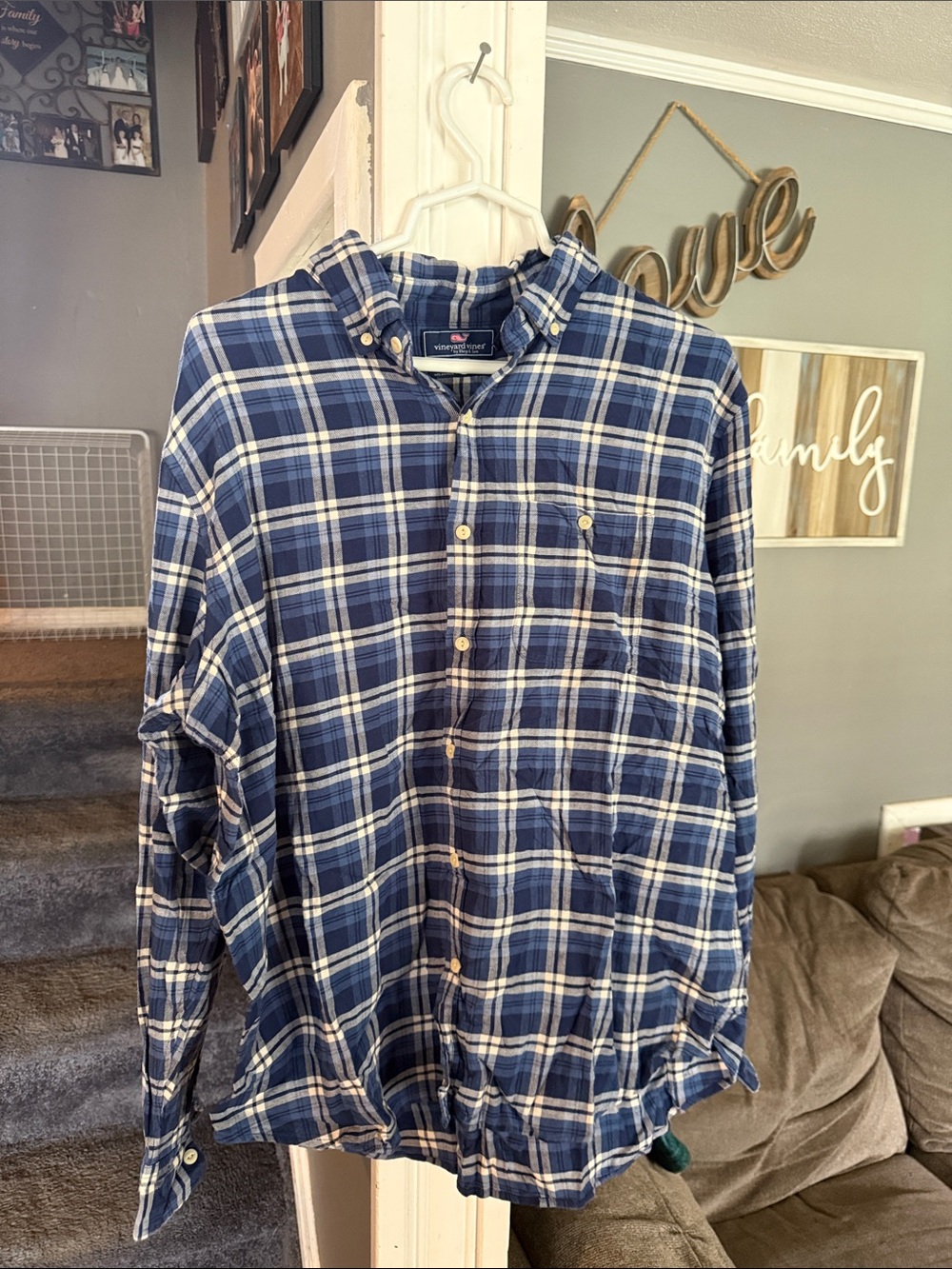 Vineyard Vines Navy and White Plaid Cotton Button-Down Shirt - Men's